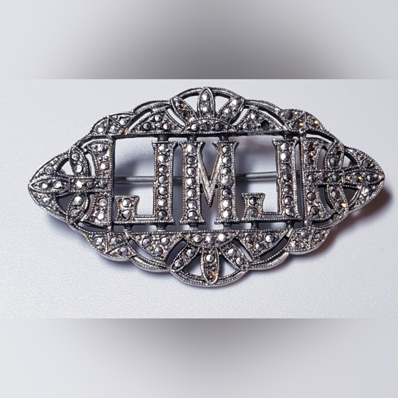 Vintage Art Deco JMJ Monogram Style Sterling Silver Marcasite Brooch Pin - Picture 2 of 4